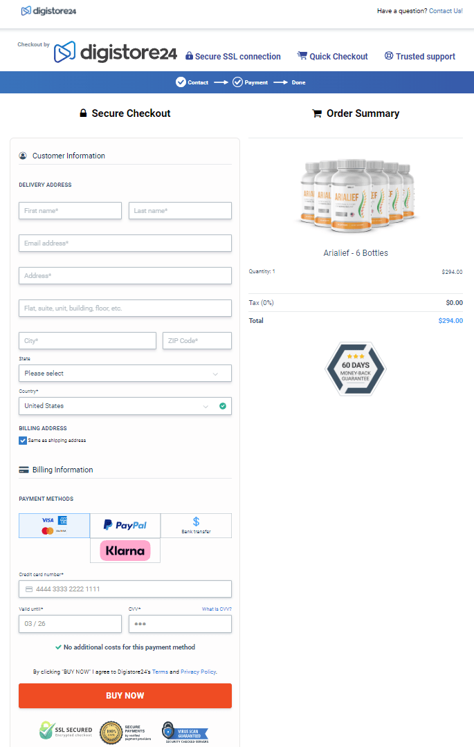 Arialief order page